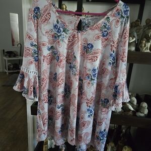 Women's Floral Paisley Bell-Sleeve Tunic Top - White with Blue & Coral